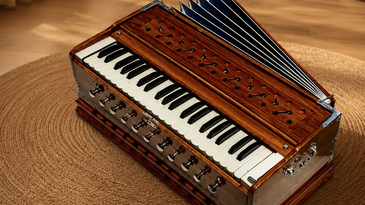 Harmonium indiano portatile in legno con mantice blu in una sala di meditazione