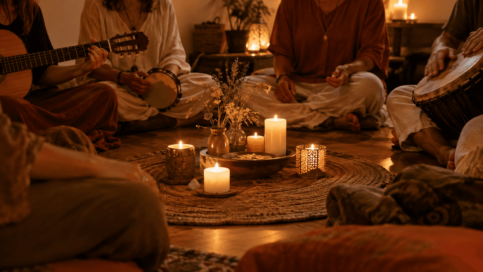 Cerchio di persone che cantano insieme a lume di candela — canto devozionale