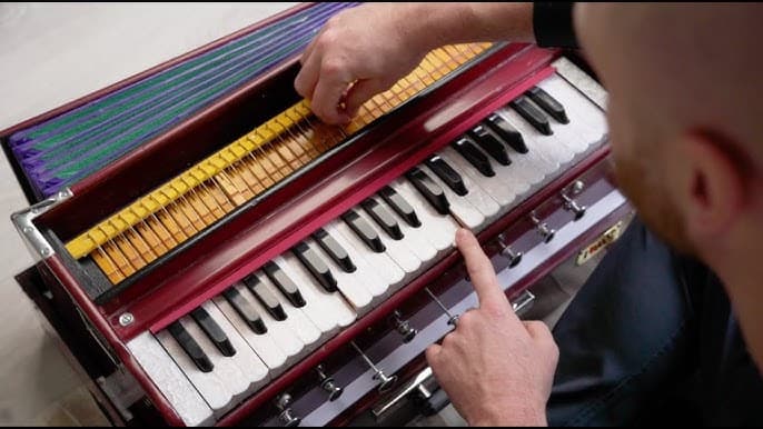 Harmonium indiano aperto dall'alto — canne e meccanismo interno visibili