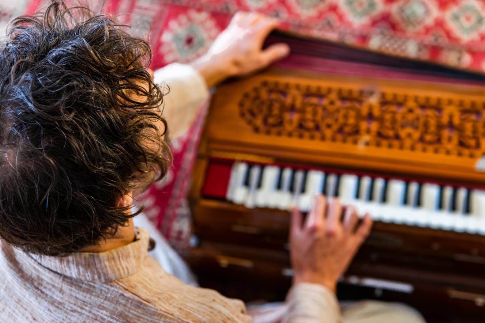 Vista dall'alto di una persona che suona l'harmonium indiano su un tappeto